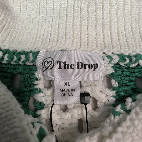 The Drop Women's Tatum Crochet Splitneck Polo Top in Emerald Stripe Size XL - Picture 3 of 7